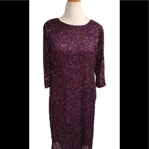 PISARRO NIGHTS Purple Sequined Midi Cocktail Dress